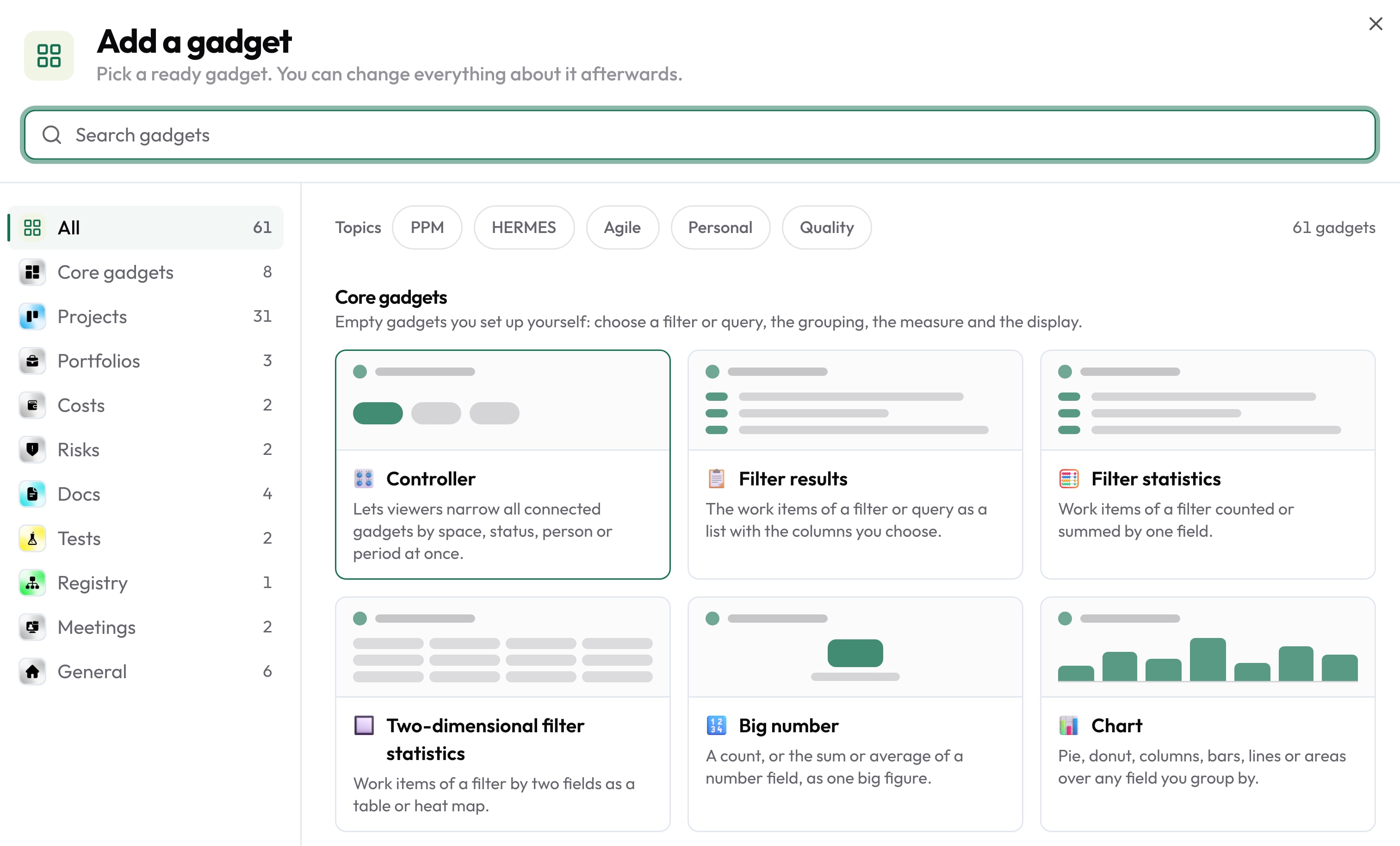 Catalogue de gadgets dans Collabase Dashboards: 61 modèles par domaine, gadgets de base pour filtres et graphiques