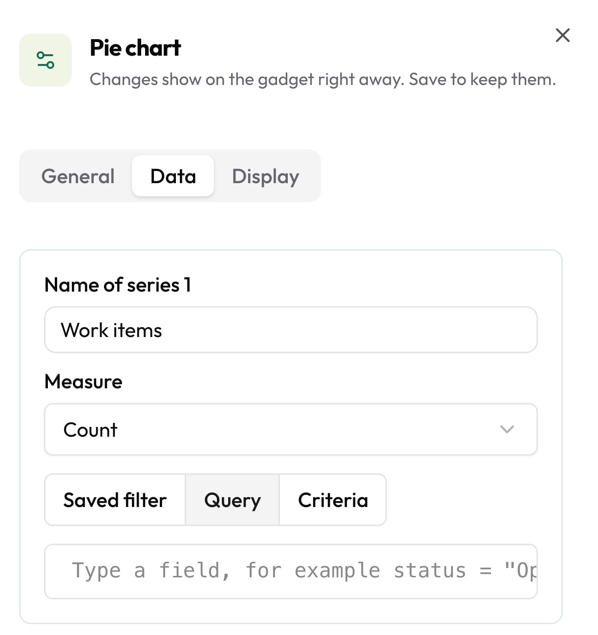 Réglages d’un gadget dans Collabase Dashboards: série, mesure et source par filtre enregistré, requête ou critères