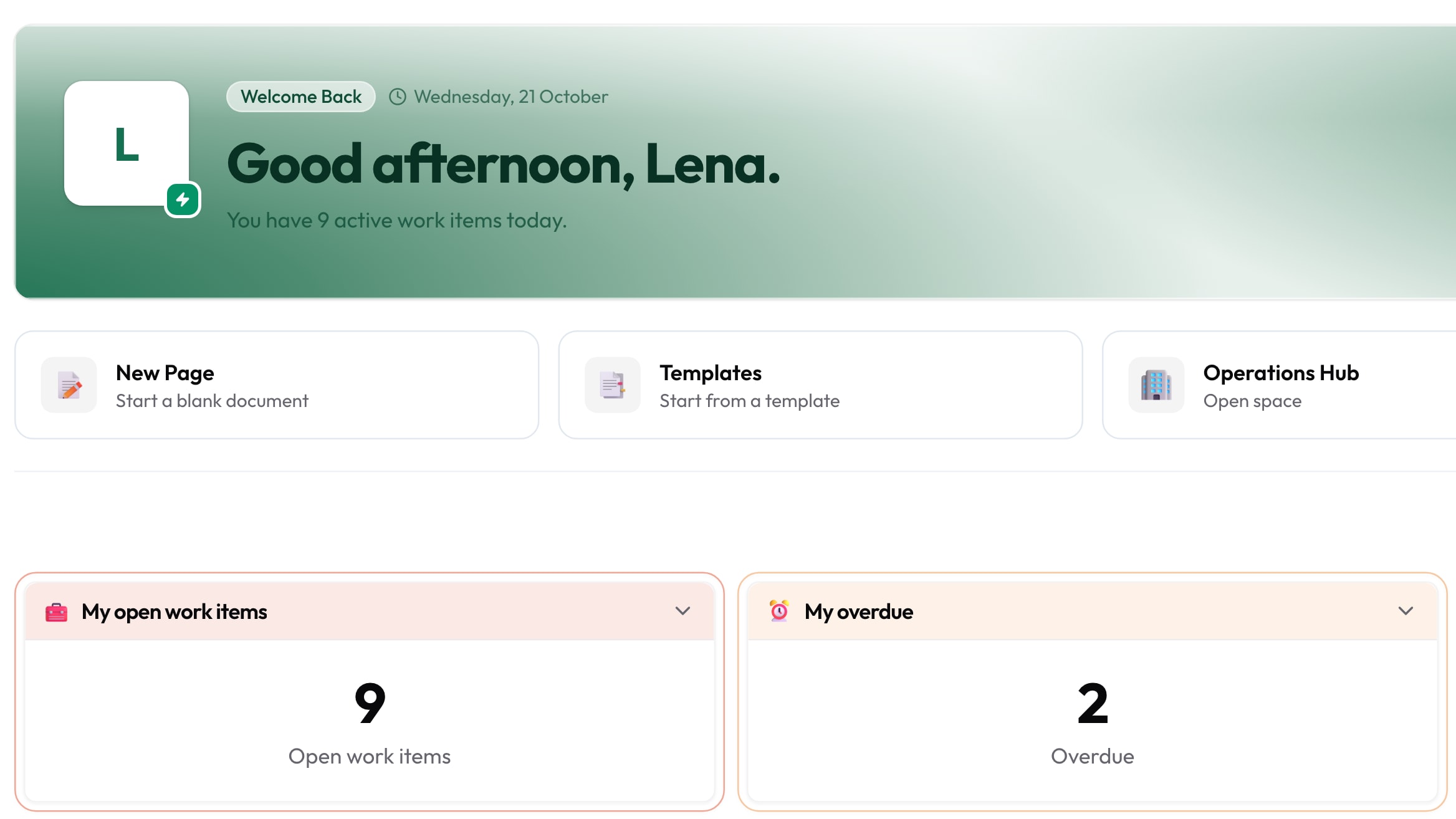 Page d’accueil personnelle dans Collabase: accueil, accès rapides et chiffres des tâches ouvertes et en retard