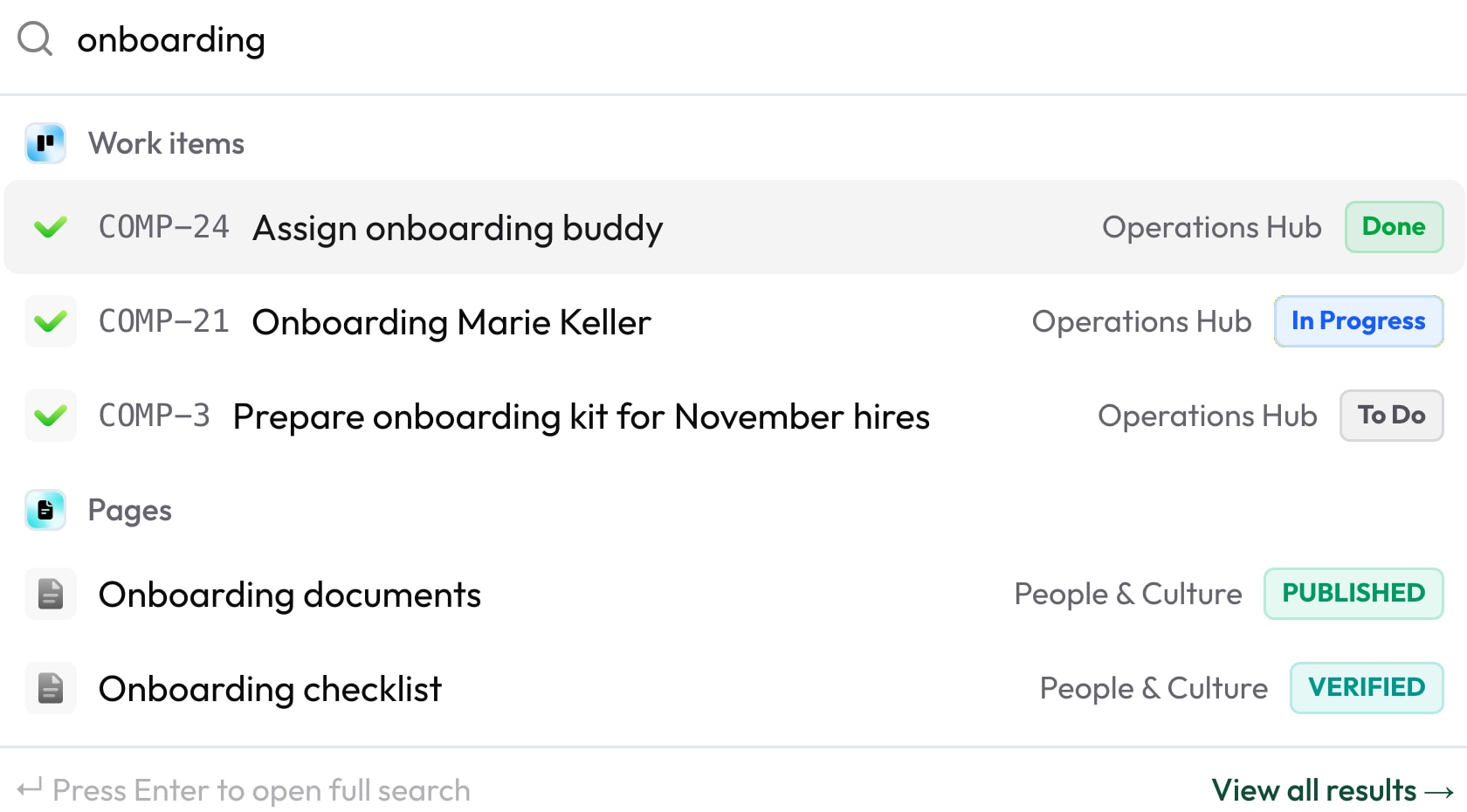 Kopfsuche in Collabase: Treffer zu «onboarding» nach Art gruppiert, Aufgaben und Seiten mit ihrem Status