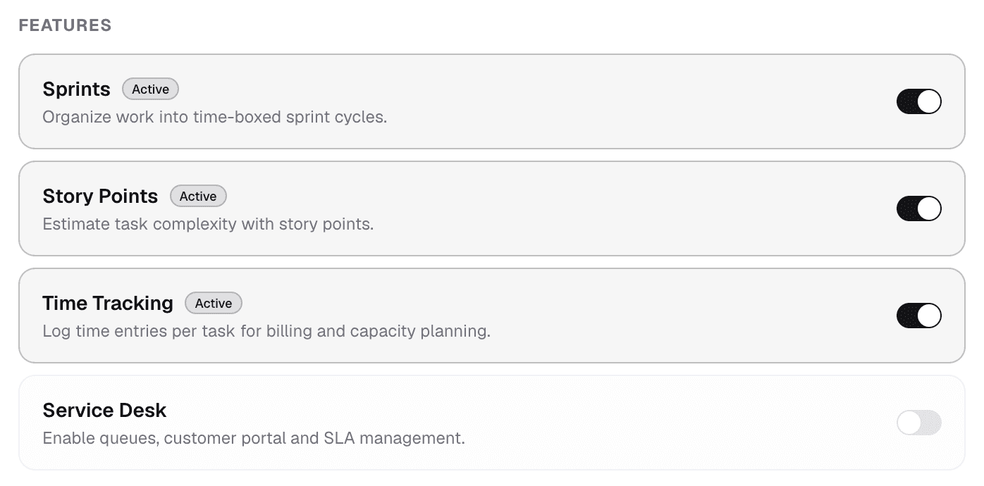 Modulschalter eines Projekts: Sprints, Story Points, Zeiterfassung, Service Desk